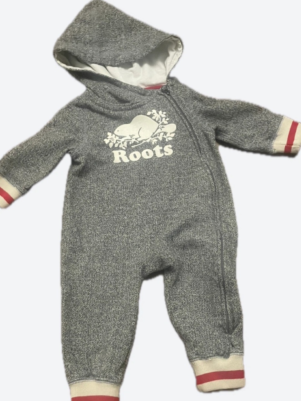Roots Gray Hooded Baby One-Piece Bodysuit with White Logo and Red Trim